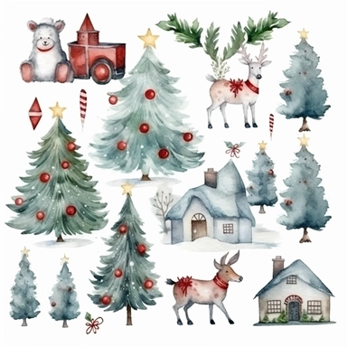 Watercolor decoration day, illustrations clipart set, simple, christmas colors , cartoon elements, different variants , , separate elements with a margin