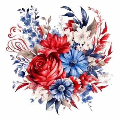 Patriotic Floral Arrangements: Design clipart featuring floral arrangements in red, white, and blue hues. Incorporate flowers like roses, daisies, or carnations to create elegant and patriotic floral elements for your designs. delicate detail, watercolor, in the style of artgerm, 2d game art, quadratura, clipart, on white background,