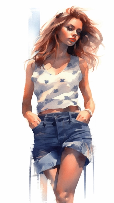 watercolor stylized clipart of a gorgeous unshaved french woman bombshell with very hairy armpits, wearing a white croptop and denim shorts, posing, epic light, chaotic,
