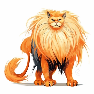 Clip Art of FRIGHTENING HALLOWEEN THEME Big Maine CAT Breed with with Extra long thick Fantasy hair a beautiful thick fluffy tail and elongated ears that are tufted, FANGS, CLAWS, 2D, VECTOR on white background