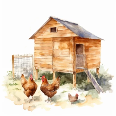 realistic watercolor backyard chicken coop with net cage on a totally white background, clipart
