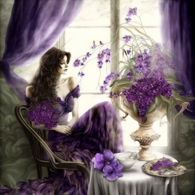beautiful bouquet of purple flowers in large crystal glass vase, on a table in front of a large vintage window with flowing drapes, romantic, shabby chic, beautiful brunette lady, long hair, sitting in large winged upholstered chair reading, romantic, ethereal, clipart style, better defined face