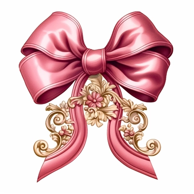 clipart template, heavy thick silk satin ribbon, in tones of pink color, tied in an ornate bow, and decorative brass ends, in the style of seventeeth century, ornate, richly decorated, antique, historical reference, clip art, white background