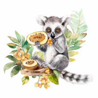 a delightful watercolor clipart image with a white background and vibrant colors, portraying a cute lemur perched on a tree branch, holding a tropical fruit in its paws and taking a delicious bite. The ultra-detailed, hand-drawn elements capture the joy and satisfaction of the lemur's snack time. Use shades of gray, brown, and yellow to create a visually appealing and lively image that conveys the playful and curious nature of the lemur as it enjoys its fruity treat.