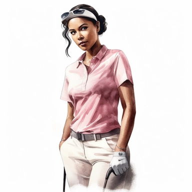 Idyllic watercolor clipart of a young black modern female golfer with dark hair in white and pink close-fitting sports golf clothes standing upright taking a golf shot, isolated on a pure white background, insane detail,