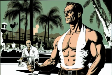 letraset clipart of handsome 40 year old men drinking a martini near a vintage, muscular man in palm springs at night, 1960's, happy, palm trees, mid century building, pool