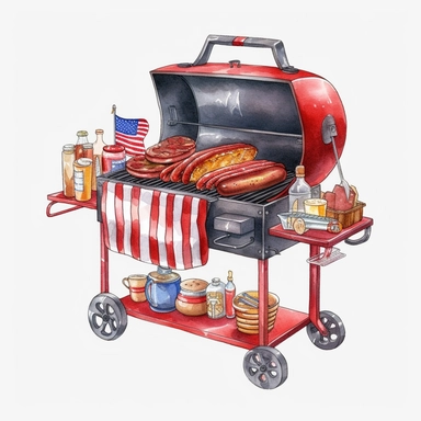watercolor, 4th of July BBQ grill - Clip art of a BBQ grill with burgers, hot dogs, and other 4th of July cookout favorites. png Full body realistic cartoon in 32K UHD cute. 15 cm thick outline. Black color. There was no shadow on the ground. 8k with realistic watercolors and detailed illustrations. PNG clipart, transparent white background