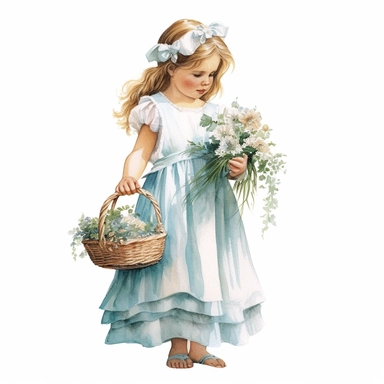 watercolor, hyper realistic, white background, white margins, 16k, ultra detailed clipart, cut out image, hand-drawn a girl in a dress with flowers and basket in front of her, in the style of dark white and light blue, children's book illustrations, soft watercolours, pictorial fabrics, light emerald and light brown, light white and light blue, magical