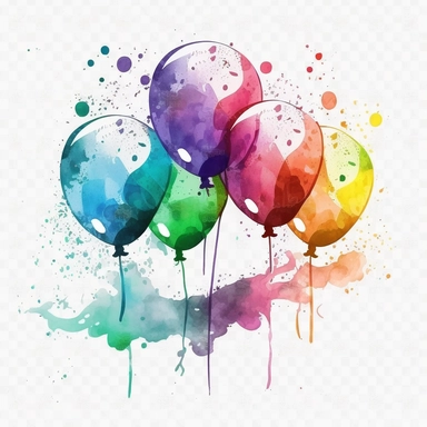 Watercolor clipart of 5 colorful balloons with spinning ribbons on each balloon. The clipart features vector illustration with a symmetrical design on a white background. There is no text, watermark, extra ribbon, blurring, ugliness, or deformities present. v4
