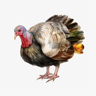 watercolor, Turkeys: Turkeys are kept for their meat and are found in many countries, particularly in the United States, Mexico, and Brazil. png Full body realistic cartoon in 32K UHD cute. 15 cm thick outline. Black color. There was no shadow on the ground. 8K with realistic watercolors and detailed illustrations. PNG clipart, transparent white background