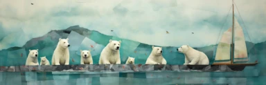 a row of cute miniature polar bear cubs, a collage of mixed media art made with tissue paper, magazine and newspaper clippings, oil paint, graphite pencil lines and fabric, in the style of playful surrealism, whimsical, washi tape