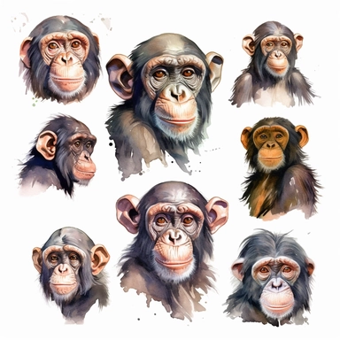 chimpanzee clipart set, watercolor well defined edges, high contrast, highly detailed, isolated image white background