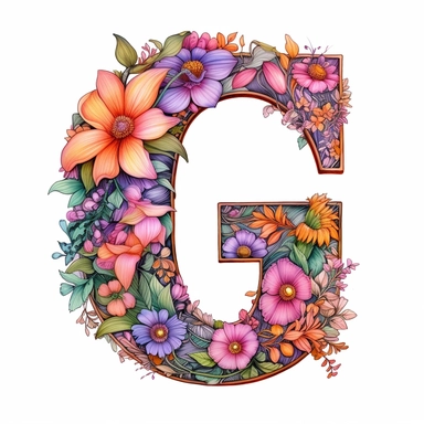 Detailed drawing in colored pencil style of letter G on white background, floral elements, pastel color palette, isolated white background, clipart, uhd