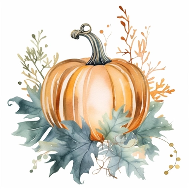 Watercolor pastel velvet boho pumpkin with gold ornate watercolor sitting on pumpkin leaves white background. clipart