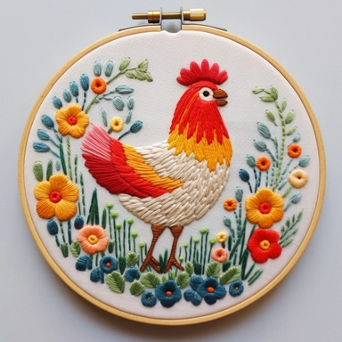 Hand embroidered chicken clipart on a flat white background 2, standing on the grass, It is surrounded by small yellow and red flowers In the shape of a circle,