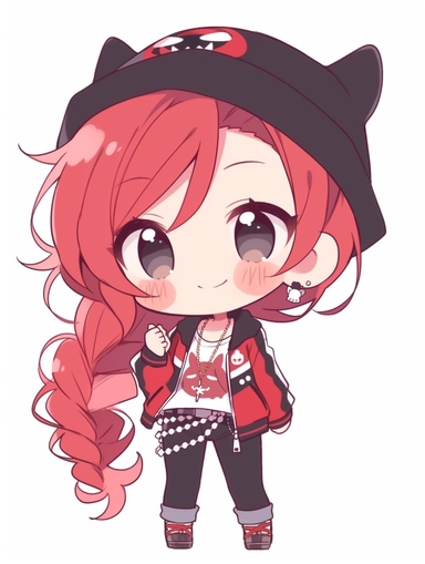 cute anime chibi girl, tomboy style, red hair, very happy attitude, clipart, no background