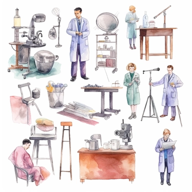watercolor doctor related scenes , illustrations clipart set, simple, , cartoon elements ,different variants , nurse, doctor, stethtescope, mechanical body weighing scale, microscope, ,separate elements with a margin