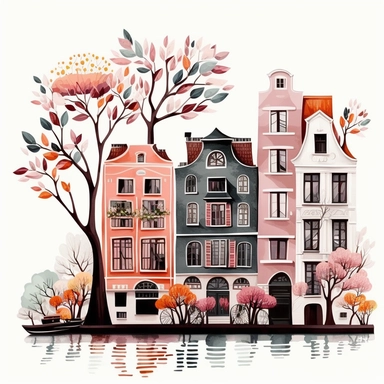 Very very cute and Whimsical quirky row houses, Amsterdam canal, bridges and water, town houses, tree blossom, colorful, Watercolored illustration in the style of Michael Powell, clipart, white background, multiple concept design
