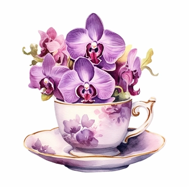 watercolor painting,Purple Orchids in teacup clipart, beautiful teacup clip art, fancy teacup, delicate little teacup, victorian