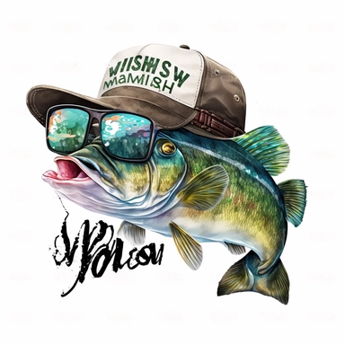 hand drawn, watercolor clipart, bass fish with sunglasses and cap, detailed, natural colors, vibrant, white background--no text