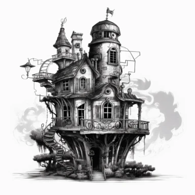scary horror Steampunk one house Clipart, Retro Futuristic Victorian Era Art, white background