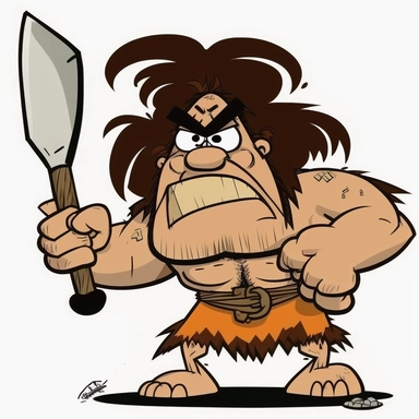 clipart, cartoon of a comical a caveman holding a sword, looking angry.. full body, no background. ==v 5