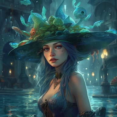 blue green which elf mermaid pretty woman with which hat surrounded by water in fish in the style of floral surrealism, twinkling fairy lights, castle and bats, crowcore, frostpunk, steampunk, detailed character illustrations, detailed comic book art, luminosity of water, hyper realistic, isolated white background, 8k, ultra detailed clipart, uplighted