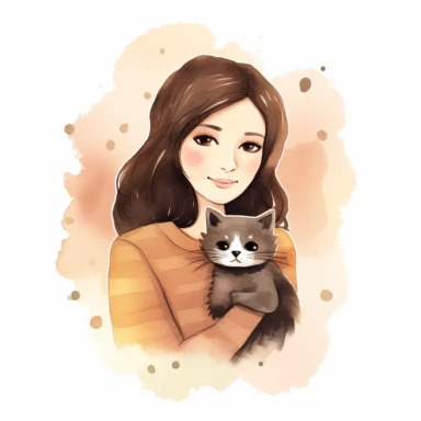 watercolour clipart of a woman with brown hair and brown eyes, make her smiling and exalted, holding ipad, the delicate and determined soul, has a deep affection for cats, black cat. She meticulously crafts digital designer papers and breathes life into digital journaling pages. Her finesse and devotion to her work are truly extraordinary. Her art is a testament to her unwavering pursuit of beauty and excellence, white background, 8k, f1