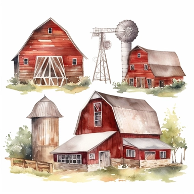 Watercolor Barns Clipart. Farm Style. Red Barn House, Horse, Tractor, Windmill, Wood Gate Illustrations. Wedding Invitation DIY white background