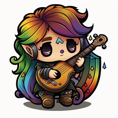chibi female bard with rainbow hair playing on lute, dungeons and dragons, clipart