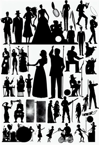 silhouettes of people, Quattrocento, jugglers, musicians, performers, circus acts, madmen, Brueghel. Bizarre, whimsical, random, victorian, theatrical, funny. Black and white clipart collection, white background