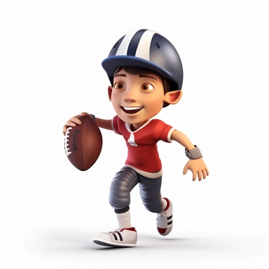 cute young boy playing american football, making a pass, passing, wearing a helmet, full body, smiling, american football, Sport graphics, action clipart, 16k, isolated on white background, 3d, rendered by pixar