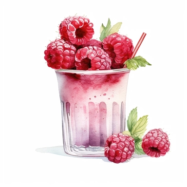 Commercial shot of realistic watercolor painting of a really cute cottagecore raspberry themed flower vase clipart, aesthetic, good looking food, delicious, yummy, foodie, healthy, white background no text, isolated on white, watercolor illustration, award winning, strong and sharp lines