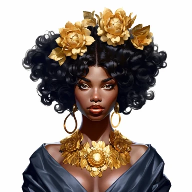black dark-skin women with big curly flower hair wearing a golden crown staring straight forward with big shiny lips, clip art