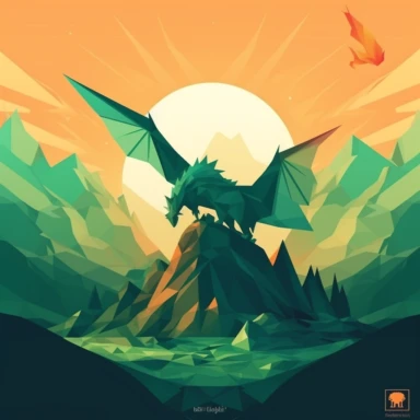 A powerful dragon atop a mountain peak, scales glistening in sunlight, wings spread wide, overlooking a sprawling medieval kingdom, Rocky mountain landscape with snow-capped peaks and green valleys, Awe-inspiring and grand atmosphere, Clipart, using geometric shapes and solid colors