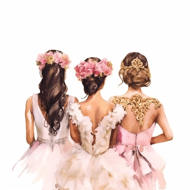 glamour dolce & gabbana half body back shot, watercolor white wedding dress bride wedding brunette hairstyle with beautiful gold headpiece clipart, + two bridesmaids in pink dress, hd, isolated on white background, spaced out ar 3:2