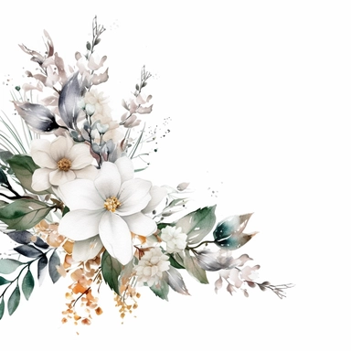 one white floral Watercolor clipart on a white background, in the style of digital gradient blend, dau al set, decorative borders, ue5, black background, kinuko y. craft, ephemera, no watermark, text, 300 DPI , typography, shapes do not stick together, no text in the picture, on a white background