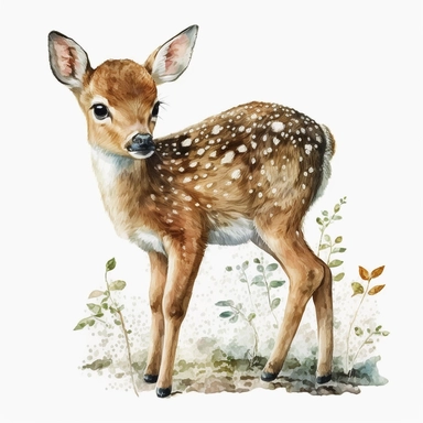 cute baby deer Clipart Watercolor, white background, realistic style ,in woods , detailed