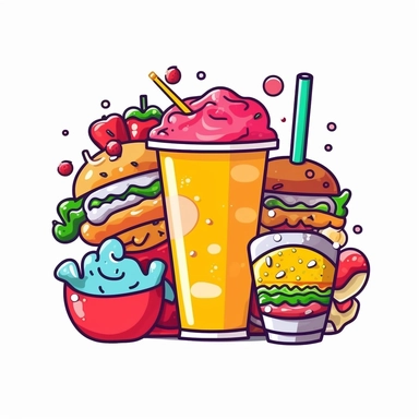 bubble tea with snacks fastfood elements Clipart, White Background, vector style sticker ar 1:1
