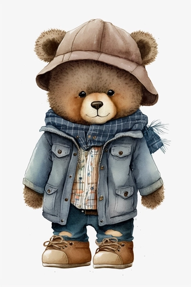 Cute Watercolor Teddy bear boy clipart, wearing clothes, white background