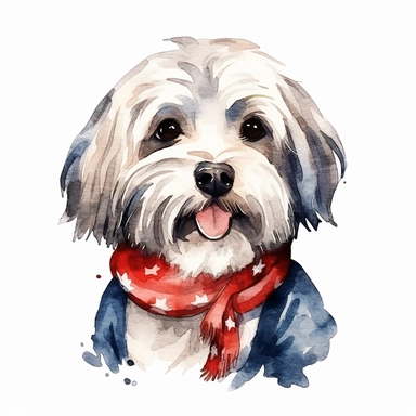 watercolor clipart illustration of a white havanese wearing a bandana, red white and blue, hand painted details, clean and simple designs, solid background color, spaced out