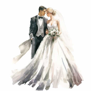 amazing detailed watercolor clipart of a bride with a beautiful couture dress and long veil and a groom, solid white background, clean sharp focus