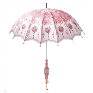 pastel pink and white princess ornate parasol upright side view photo realistic clipart with white background straight handle