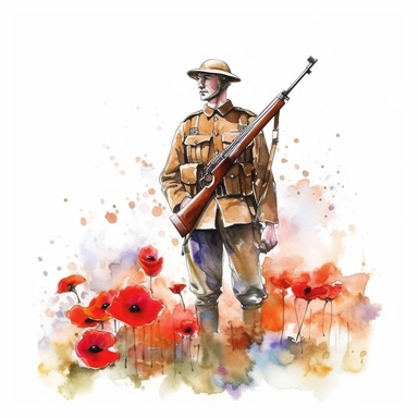watercolor Canadian soldier during World War 1 In Flanders Fields, clipart, big poppy watercolor flowers, white background