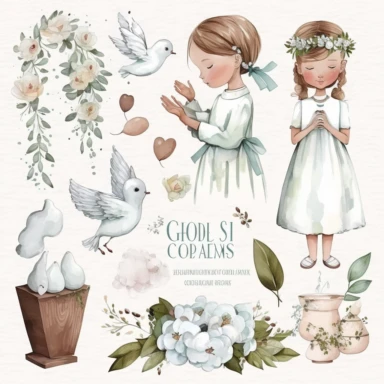 First communion illustrations clipart set, watercolor, white background, simple, soft colors , cartoon elements girl, boy ,holy cross, white doves, tulips, peonies, eucalyptus branches, wooden rosary beads, white flowers