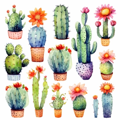 Boho Cactus Watercolor Cliparts, high definition 8k , illustration, sublimation, white background for removing background