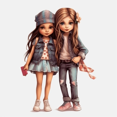 little girl best friend fashion illustration clipart, png file, hyper realistic, transparent background,high detail, 8k