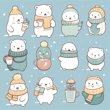 Charming polar bear clipart in the style of hikari shimoda, showcasing these adorable arctic animals in various playful poses and expressions, adorned with winter accessories