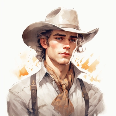 beautiful stunning handsome vintage cowboy young man, tarot style, paint art style, clipart, white background, superrealistic, one of a kind