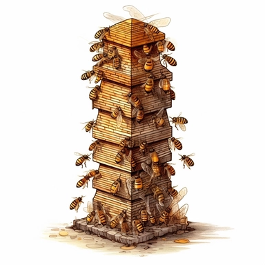 An artistic representation of a Warré hive, known for its vertical stacking system, with bees gracefully entering or exiting the hive's multiple boxes. (Digital drawing clipart, image black border color, full body, flat texture, transparent background)